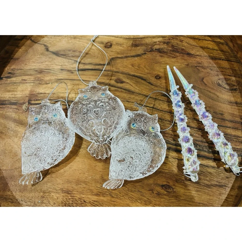 Owl Christmas Tree Ornaments Set Clear Turquoise Sparkle Whimsical Woodland Deco